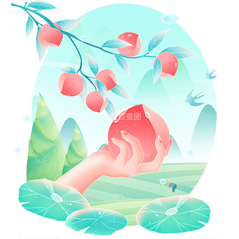 夏季手绘桃子插画