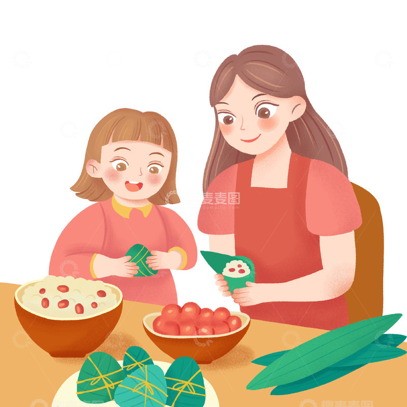源文件下载【趣麦麦图】端午节家人包粽子场景