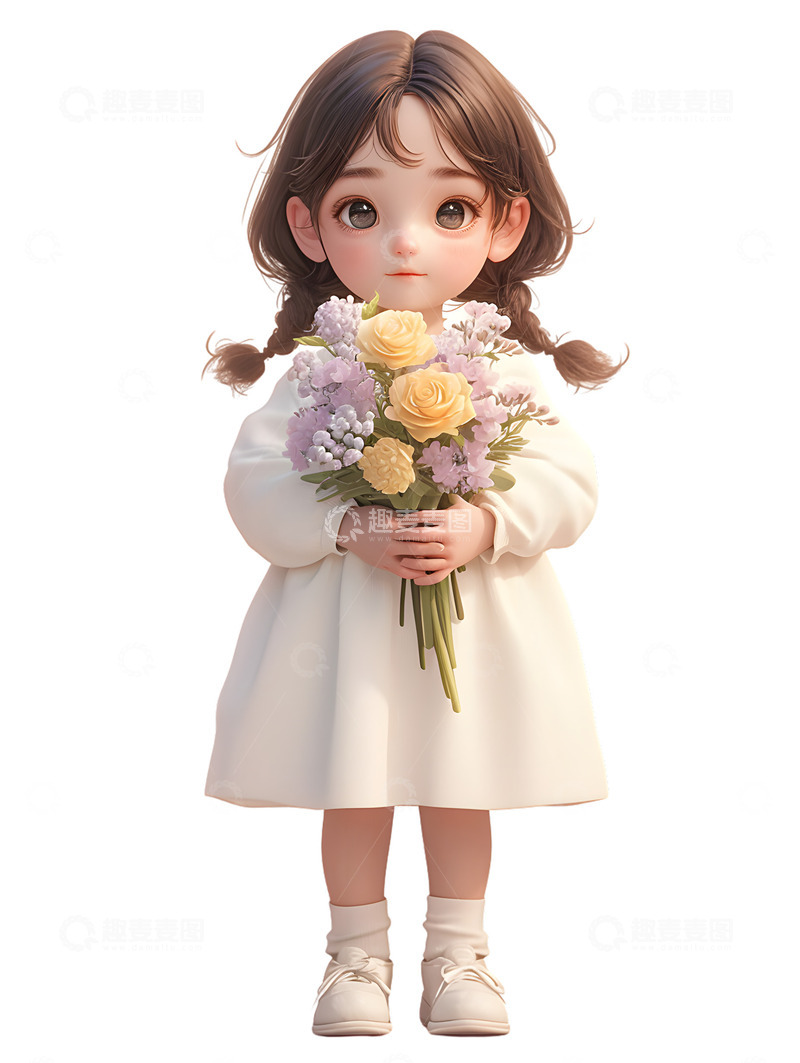 高清大图下载【趣麦麦图】手捧鲜花的女孩3D
