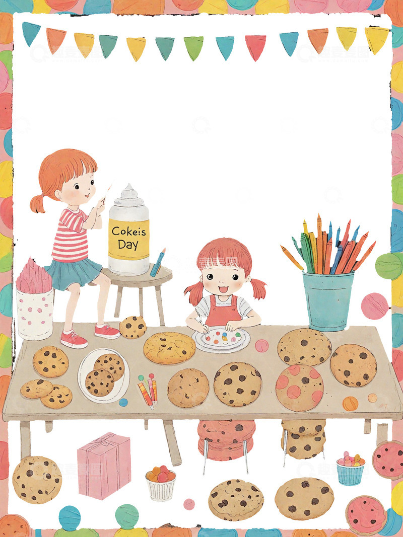 高清大图下载【趣麦麦图】儿童节 两个小女孩 画笔 饼干