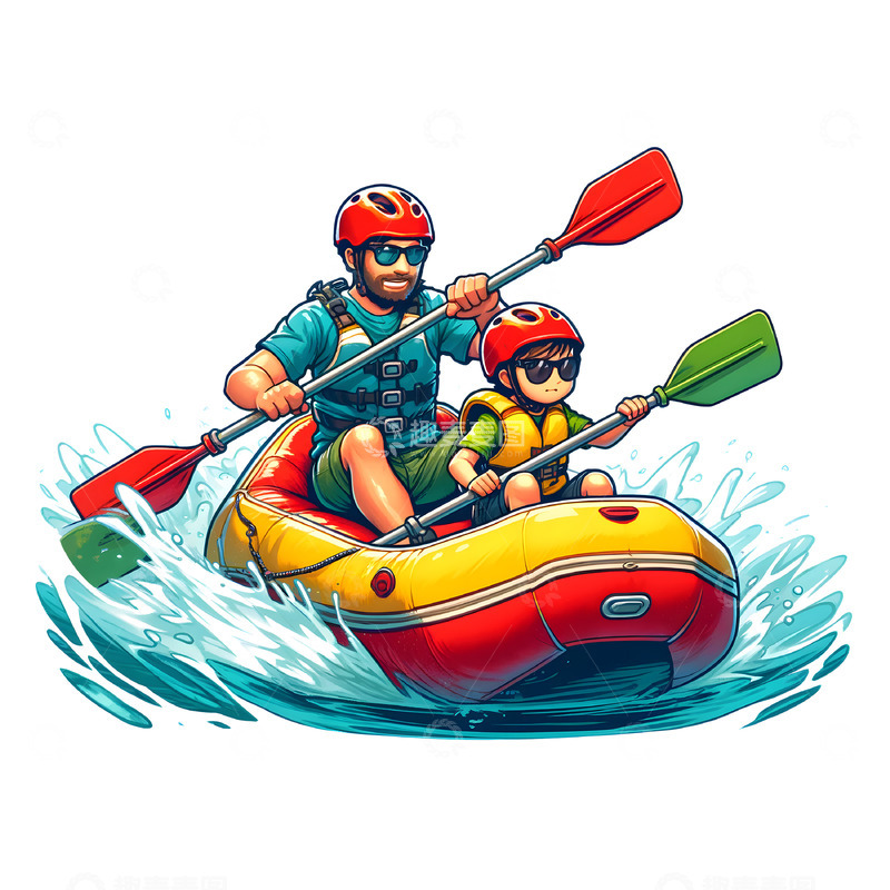 高清大图下载【趣麦麦图】父子水上漂流卡通人物素材