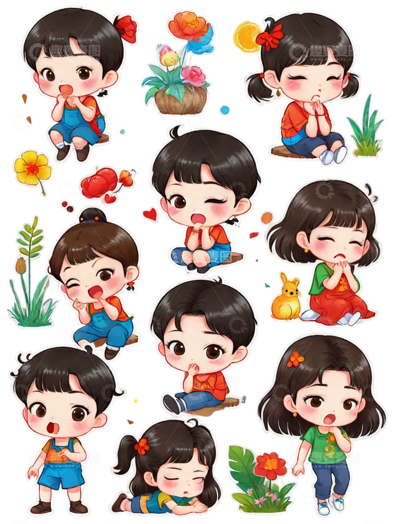 高清大图下载【趣麦麦图】儿童节小男孩小女孩小花小草