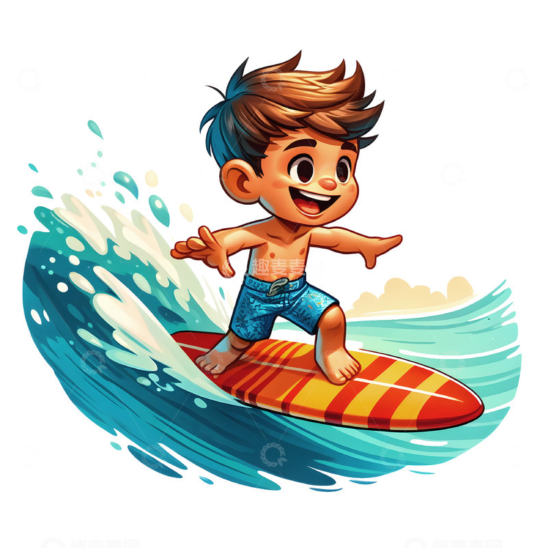 高清大图下载【趣麦麦图】正在冲浪的卡通人物素材