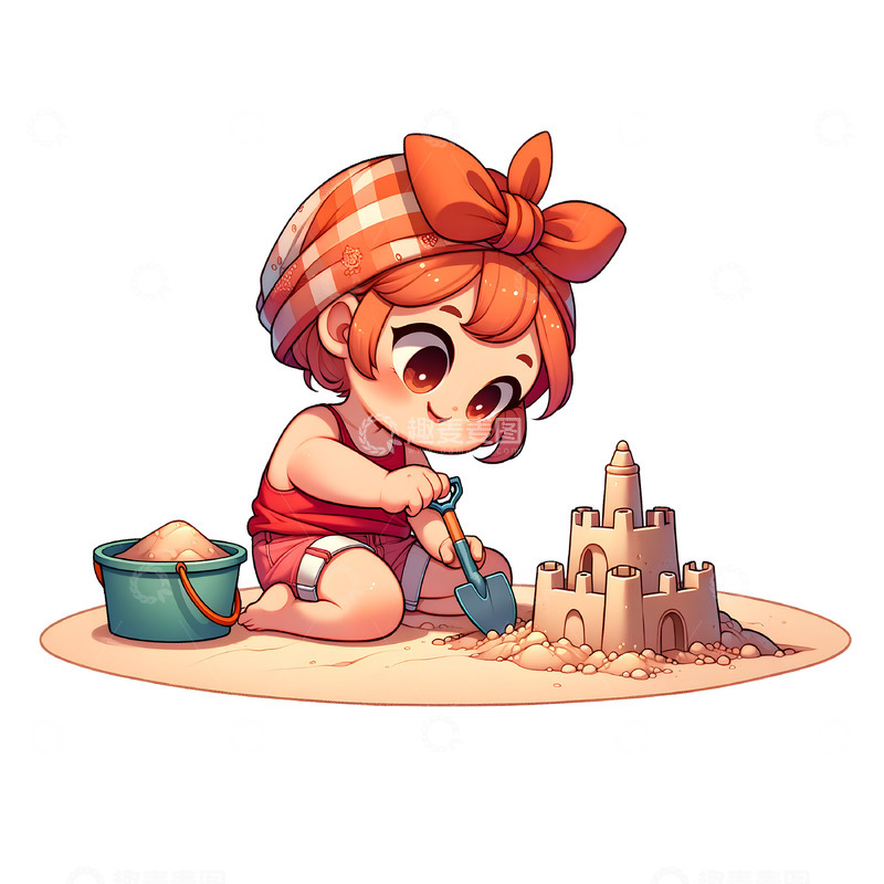 高清大图下载【趣麦麦图】卡通女孩在沙滩上玩沙堡素材