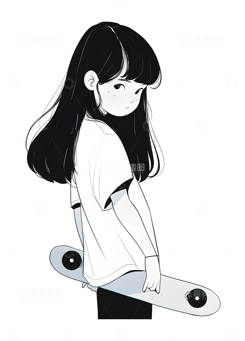 高清大图下载【趣麦麦图】手绘可爱滑板小女孩
