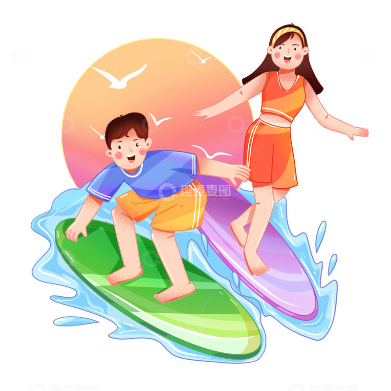 源文件下载【趣麦麦图】冲浪男女元素