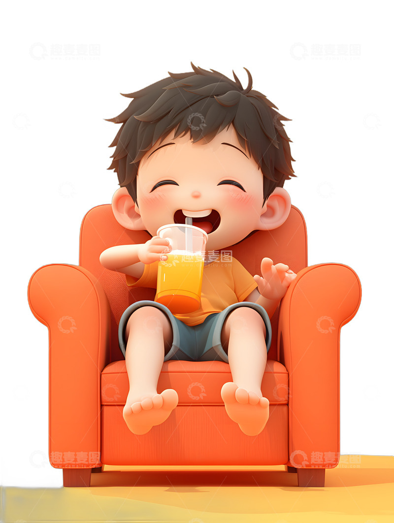 高清大图下载【趣麦麦图】坐在沙发上的男孩喝饮料果汁