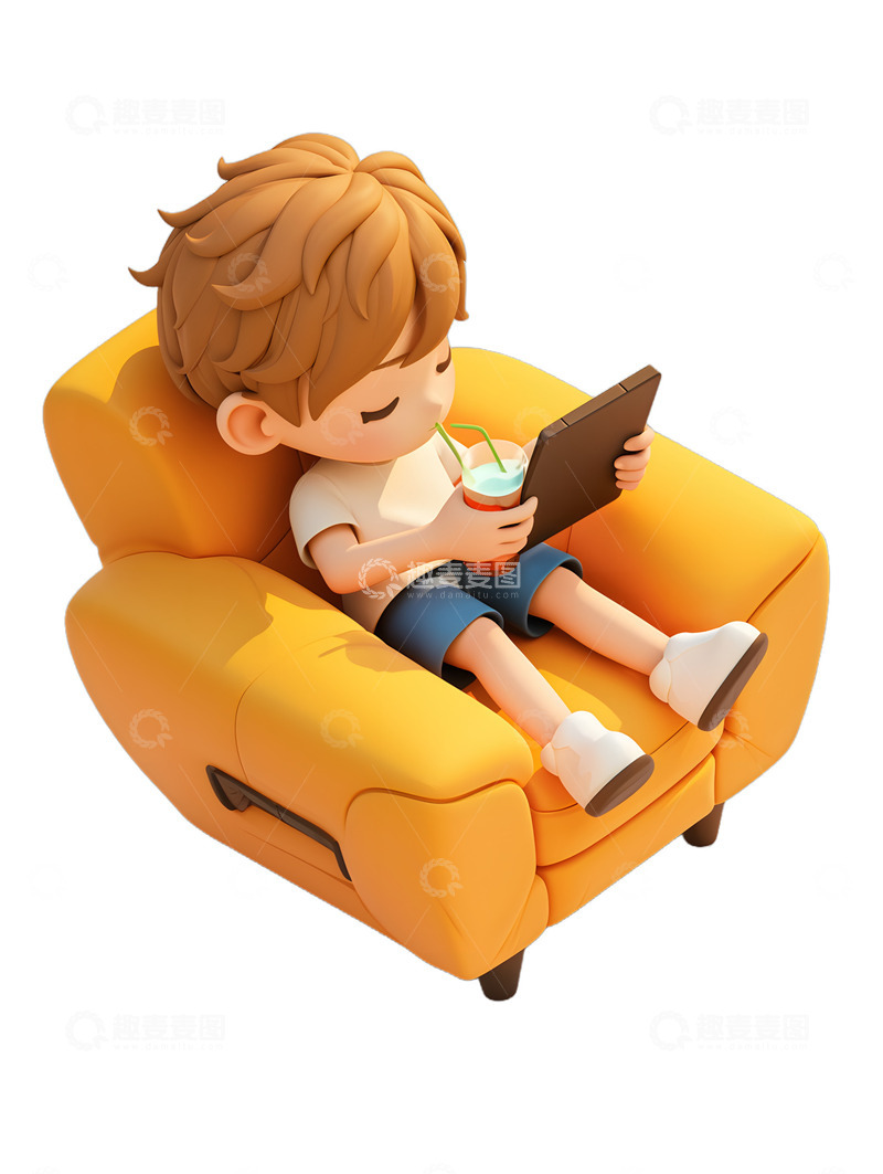 高清大图下载【趣麦麦图】坐在沙发上的男孩喝饮料玩平板
