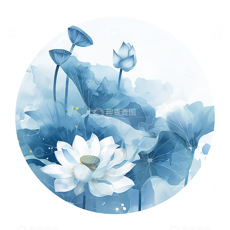 高清大图下载【趣麦麦图】水墨风荷花荷叶插画素材