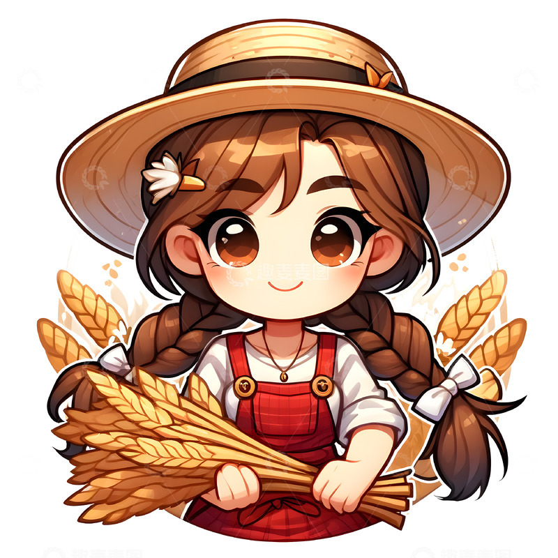 高清大图下载【趣麦麦图】抱着麦穗的卡通女孩素材