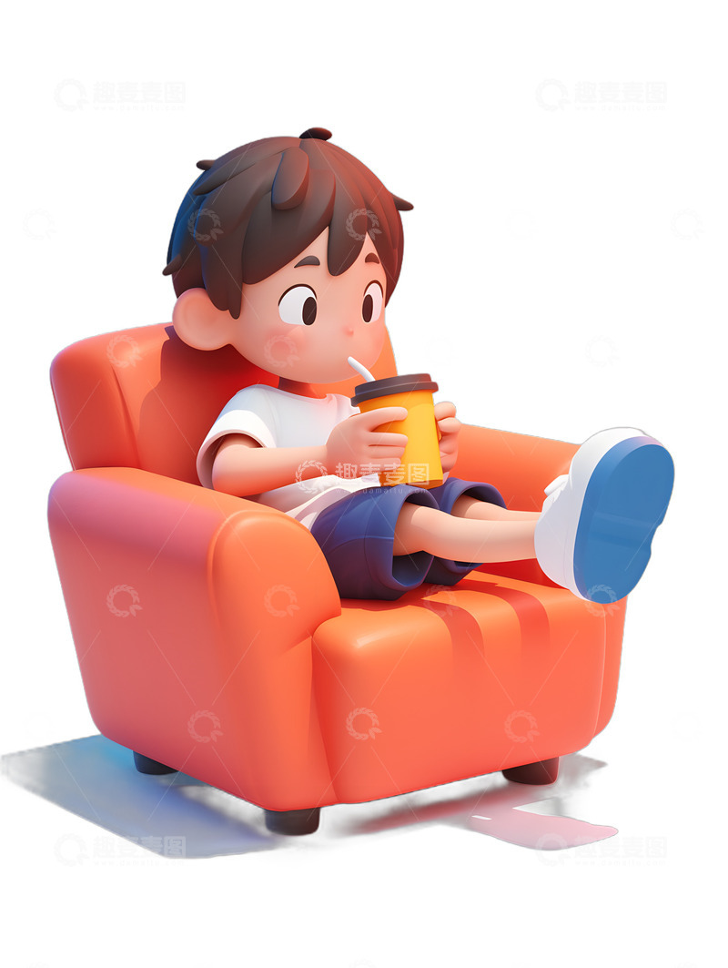 高清大图下载【趣麦麦图】坐在沙发上的男孩喝饮料果汁柠檬茶2