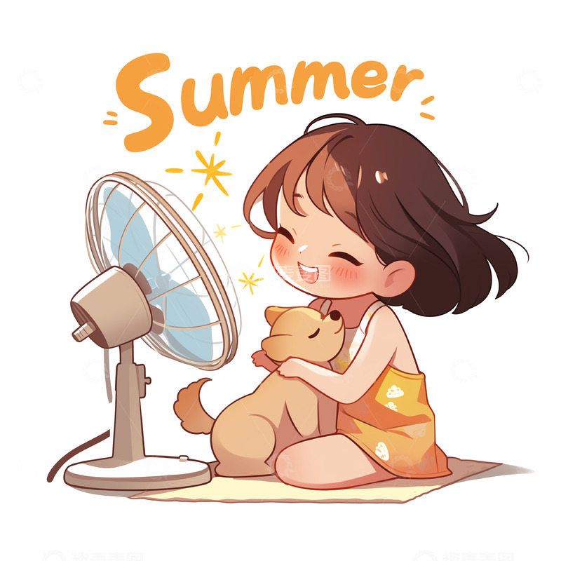 夏日可爱女孩吹风扇卡通素材