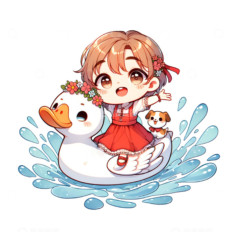 高清大图下载【趣麦麦图】坐在鸭形船上戏水的可爱卡通女孩