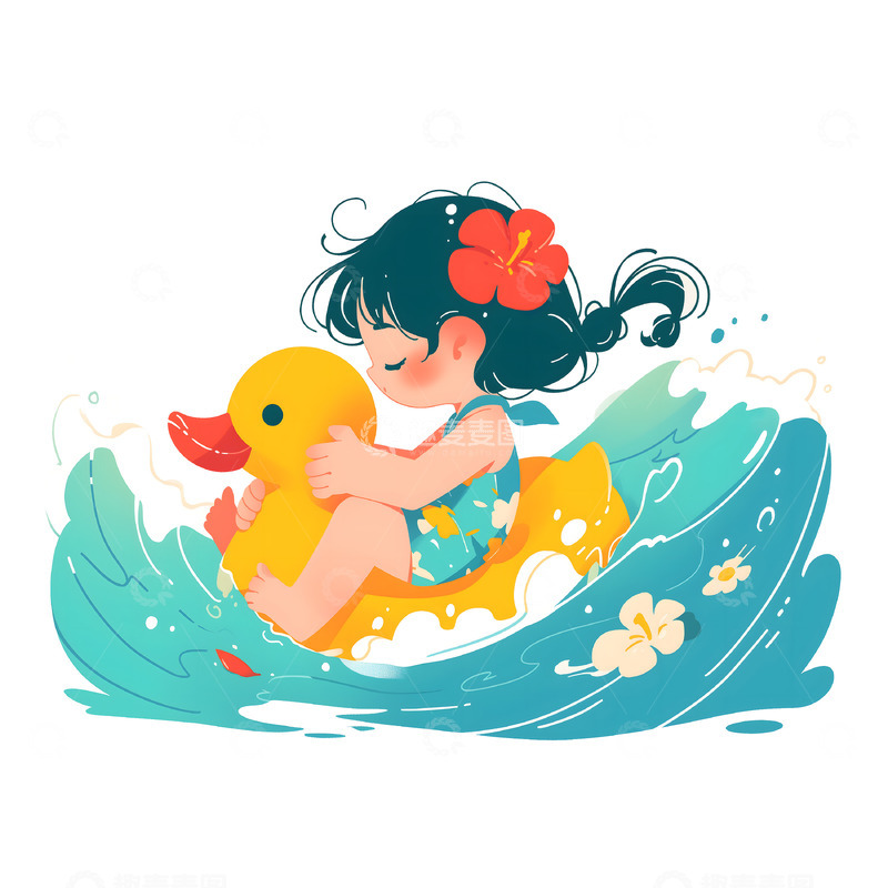 高清大图下载【趣麦麦图】骑在小黄鸭小船上戏水的卡通素材