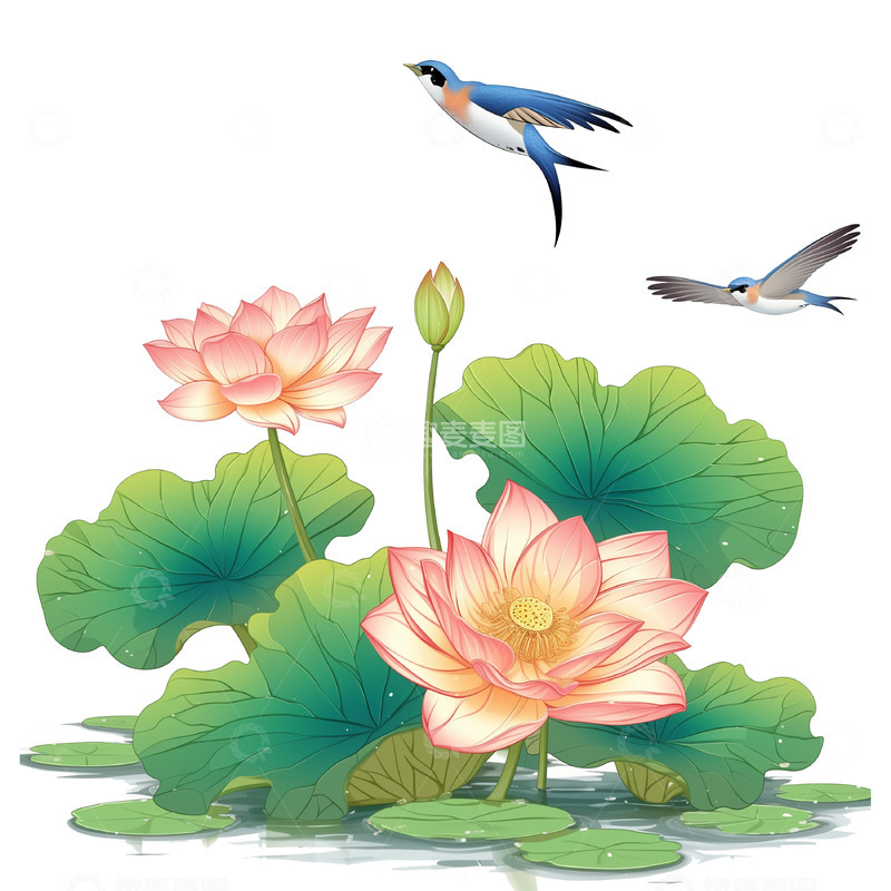 高清大图下载【趣麦麦图】燕子掠过荷花国风插画素材
