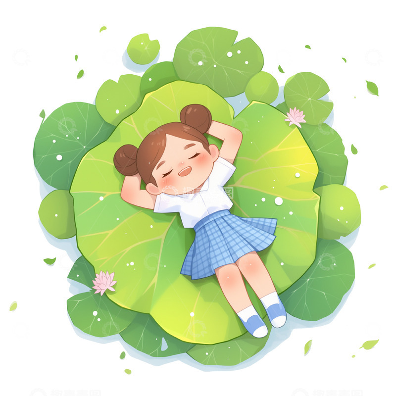 高清大图下载【趣麦麦图】躺在荷叶上的可爱女孩素材
