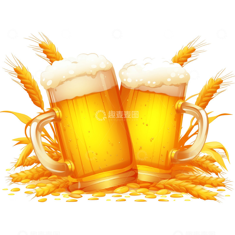 高清大图下载【趣麦麦图】金黄色啤酒小麦卡通素材