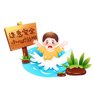 手绘防溺水卡通可爱人物元素