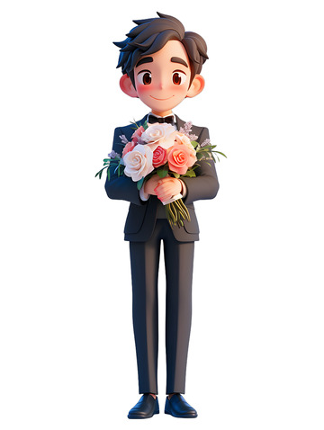 新郎卡通拿着鲜花2
