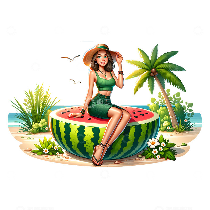 高清大图下载【趣麦麦图】夏日海滩上坐在西瓜上的卡通女孩素材