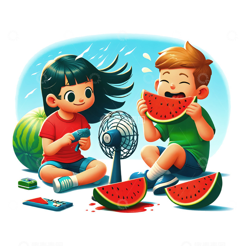 坐在风扇前吃西瓜的卡通人物素材