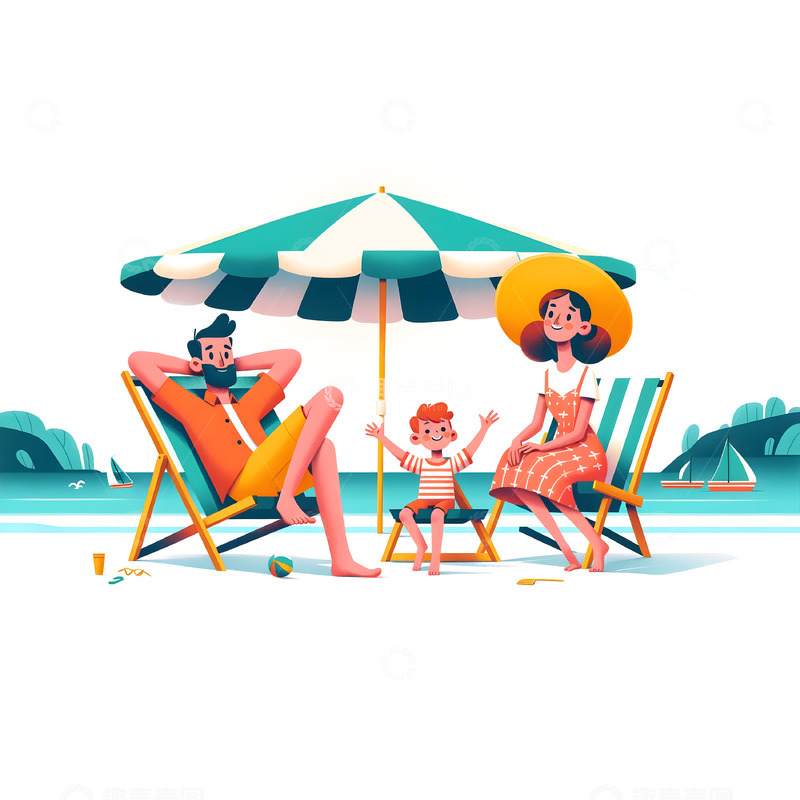 高清大图下载【趣麦麦图】扁平风夏日海滩度假人物插画