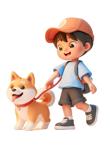 牵着小狗遛狗的小孩3D