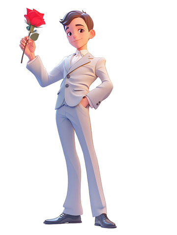 新郎卡通拿着鲜花Q版帅气