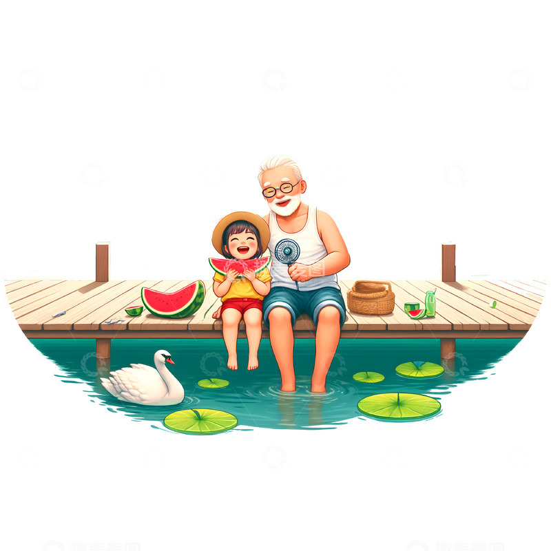 高清大图下载【趣麦麦图】和爷爷在河边乘凉卡通插画