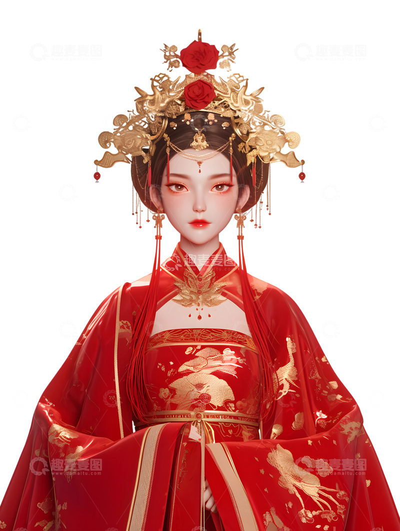 高清大图下载【趣麦麦图】新娘婚礼汉服中式婚礼半身红色3D