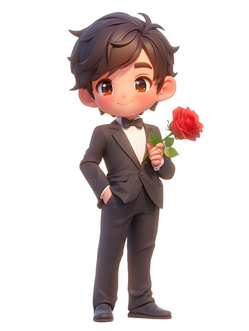 新郎卡通拿着鲜花Q版