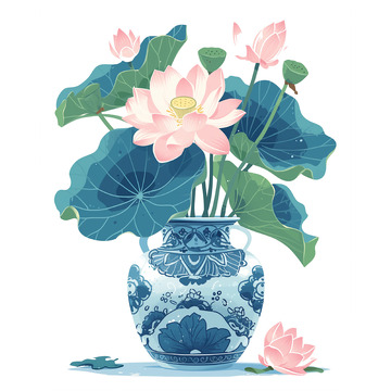 青花瓷荷花荷叶插画素材