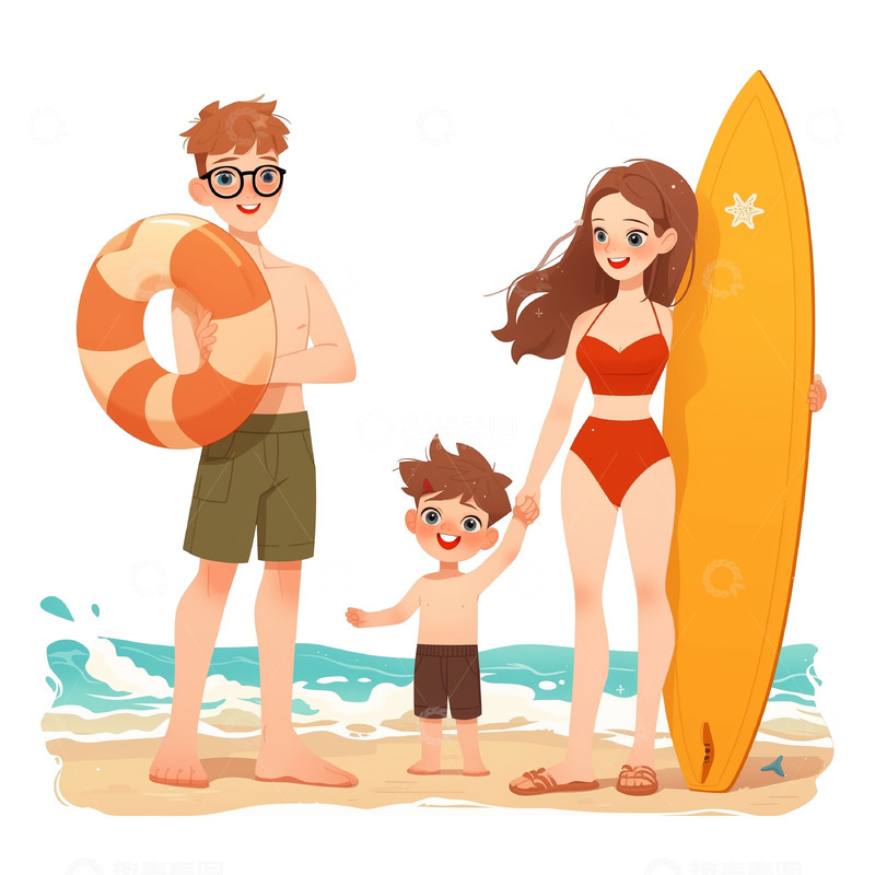 高清大图下载【趣麦麦图】一家人在海边渡假卡通人物素材