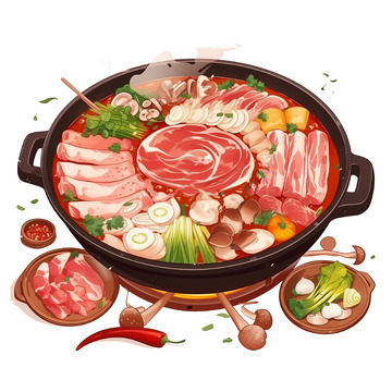 中华美食涮火锅手绘插画素材
