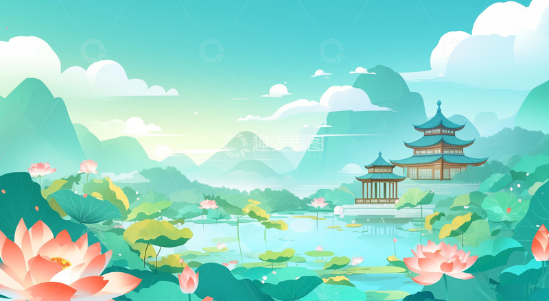 高清大图下载【趣麦麦图】中国国风山水风景插画背景素材