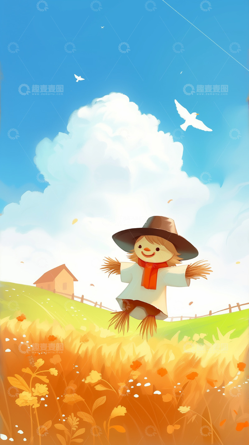 高清大图下载【趣麦麦图】乡村稻草人卡通插画背景