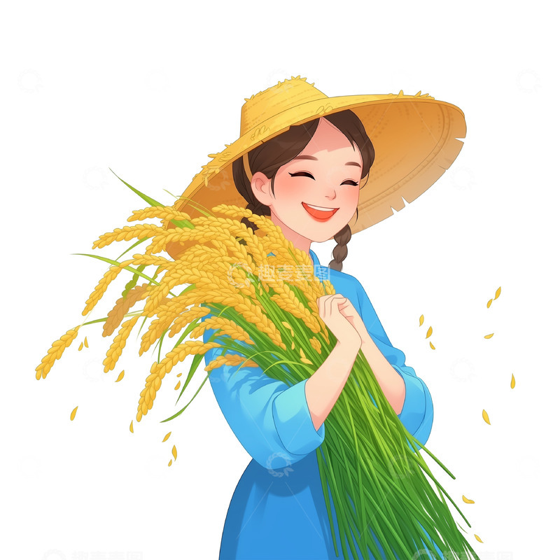 高清大图下载【趣麦麦图】农民丰收抱着麦穗的女孩卡通素材