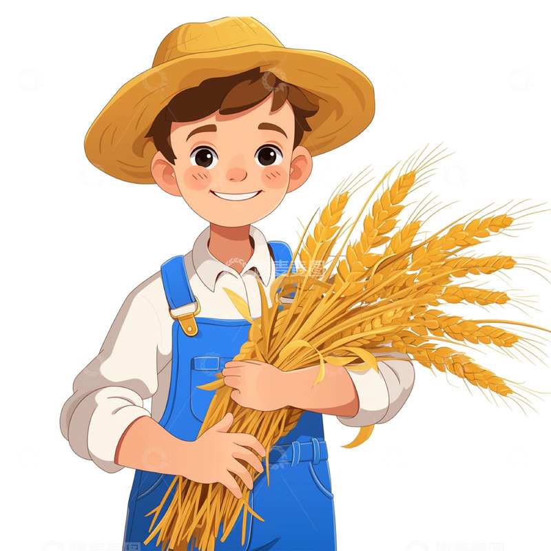高清大图下载【趣麦麦图】年轻的农民抱着麦穗卡通素材