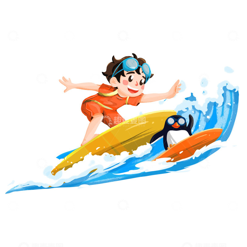 源文件下载【趣麦麦图】冲浪夏日企鹅海浪冲浪人物冲浪板