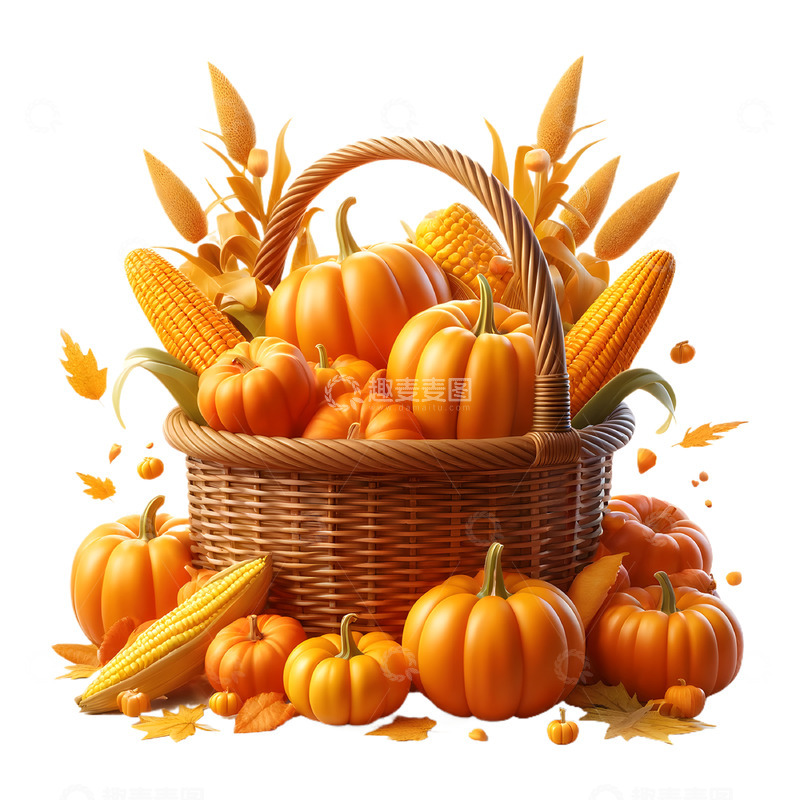 高清大图下载【趣麦麦图】3D卡通风格丰收的南瓜和玉米