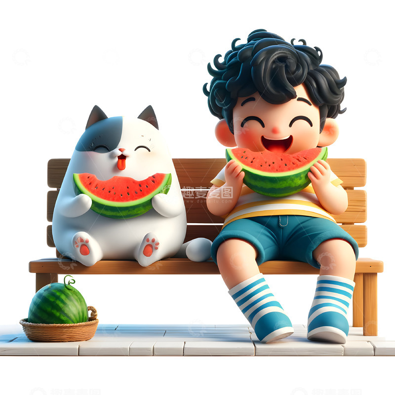 高清大图下载【趣麦麦图】和猫咪坐在长椅上吃西瓜3D卡通素材