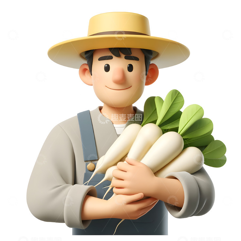 高清大图下载【趣麦麦图】抱着大白萝卜的农民3D卡通人物
