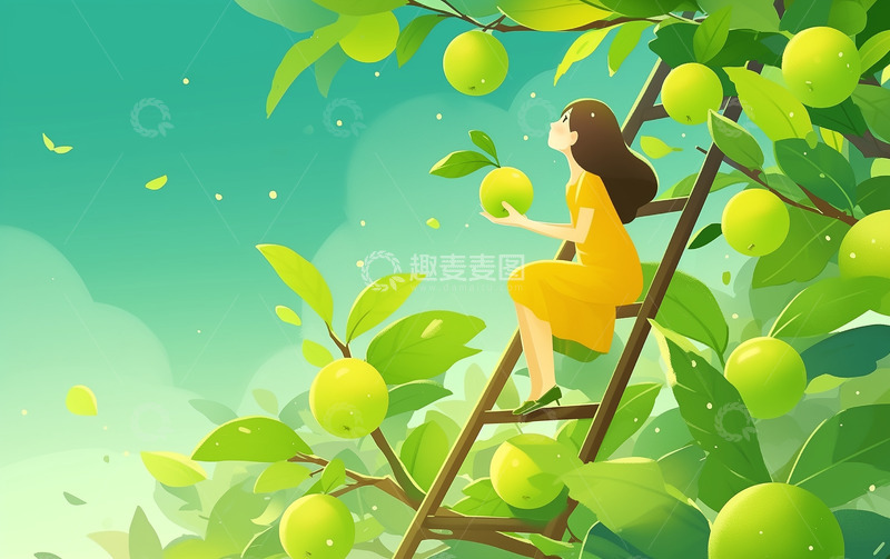 高清大图下载【趣麦麦图】青梅树下的少女卡通插画背景