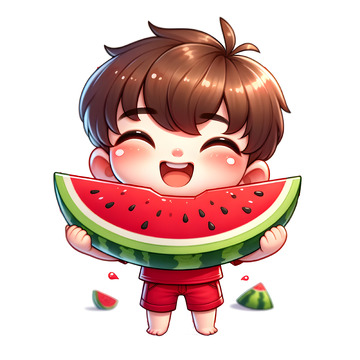 吃西瓜的可爱小男孩卡通人物素材