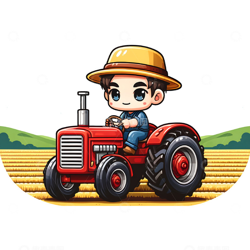 高清大图下载【趣麦麦图】开着拖拉机的农民卡通插画素材