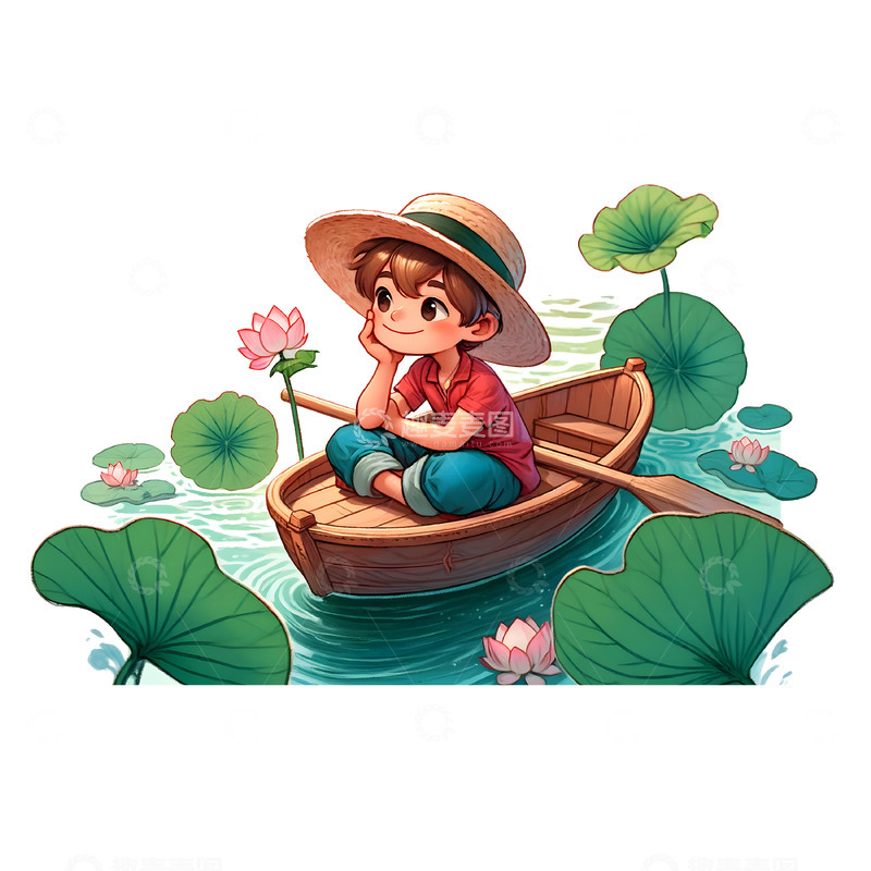高清大图下载【趣麦麦图】坐在船上欣赏美景的卡通人物素材