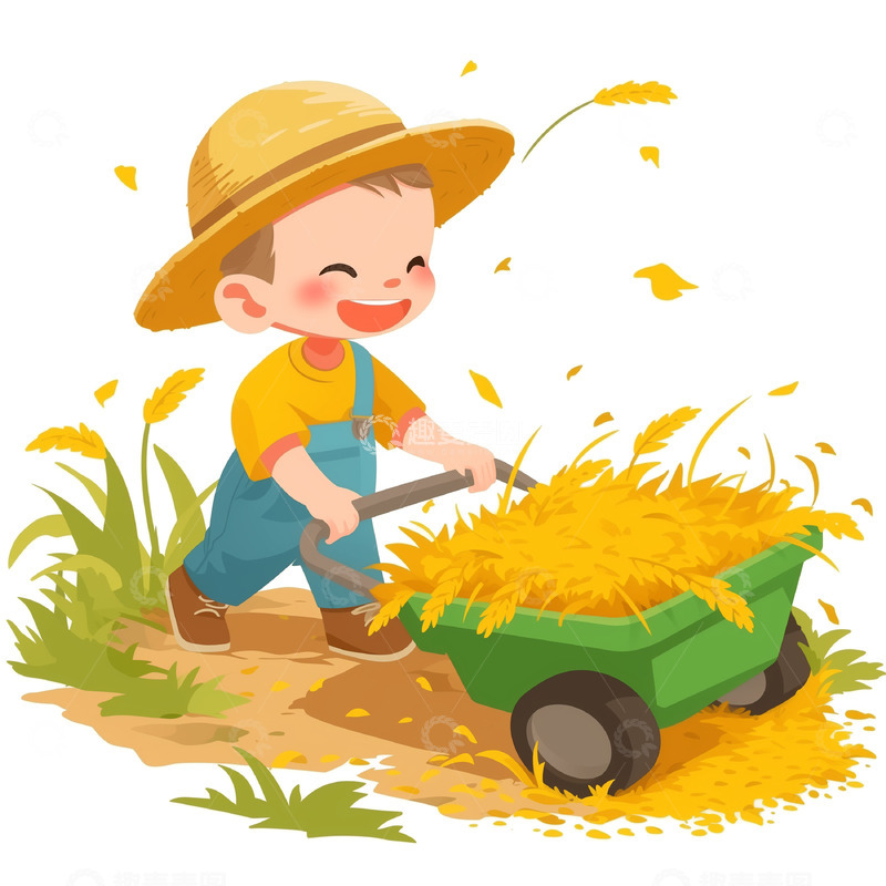 高清大图下载【趣麦麦图】装满麦穗的小推车卡通人物素材