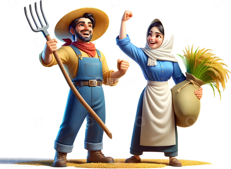 高清大图下载【趣麦麦图】3D立体卡通农民丰收喜悦场景素材