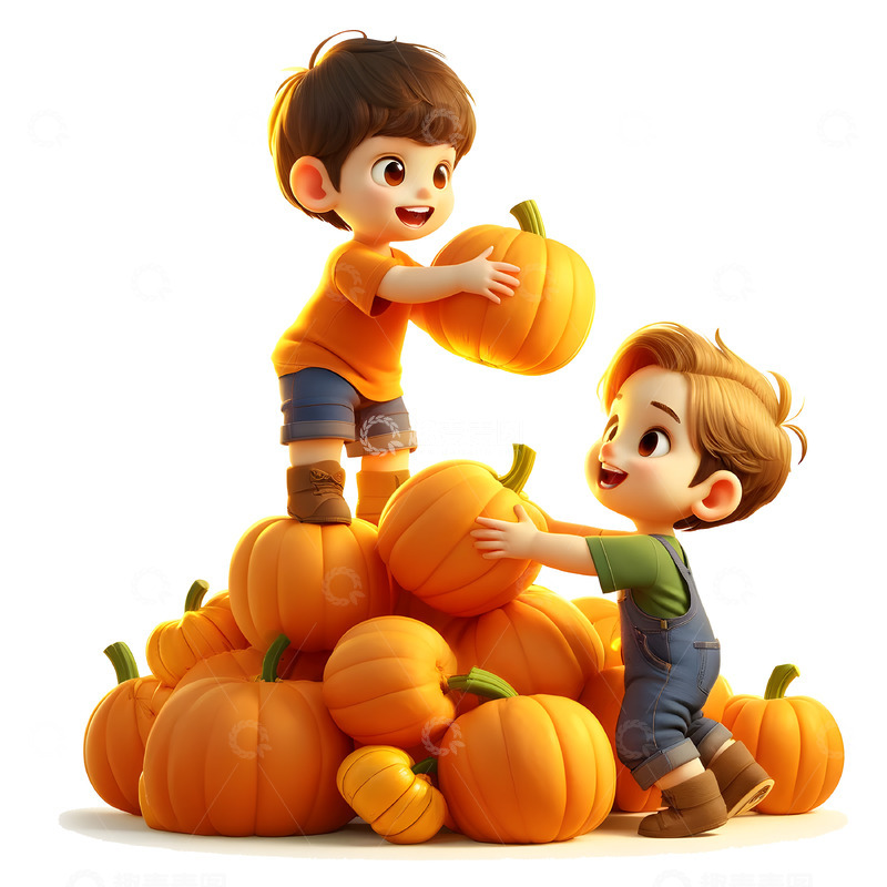 高清大图下载【趣麦麦图】搬运南瓜可爱男孩3D素材