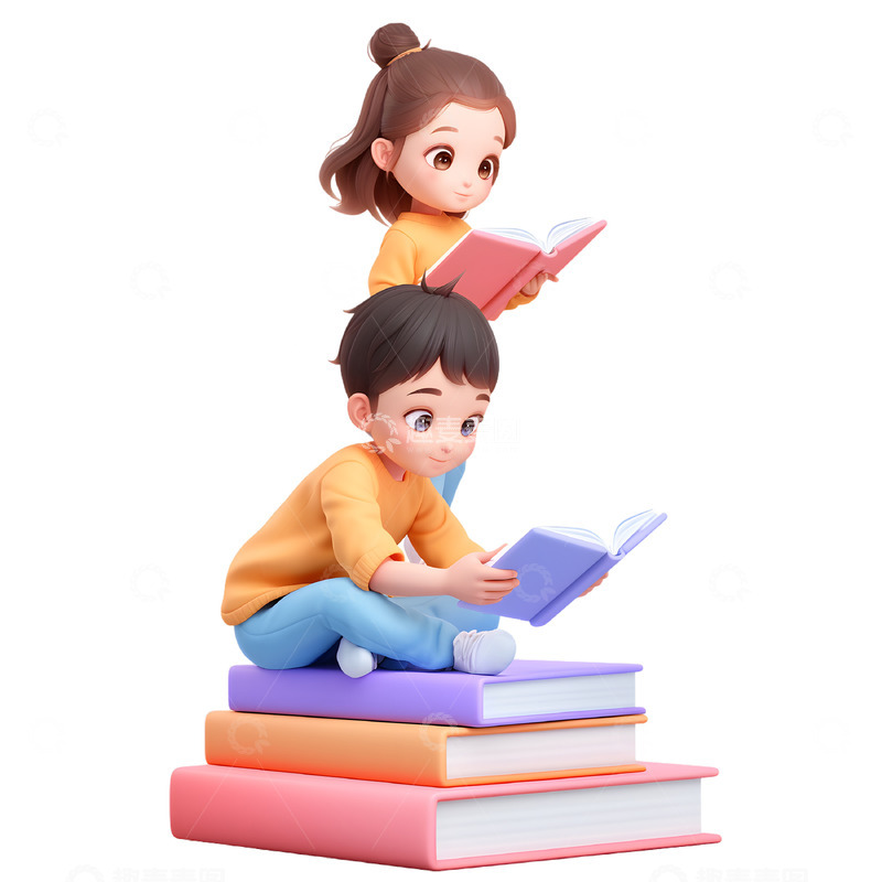 高清大图下载【趣麦麦图】一起阅读的少年儿童3D人物素材